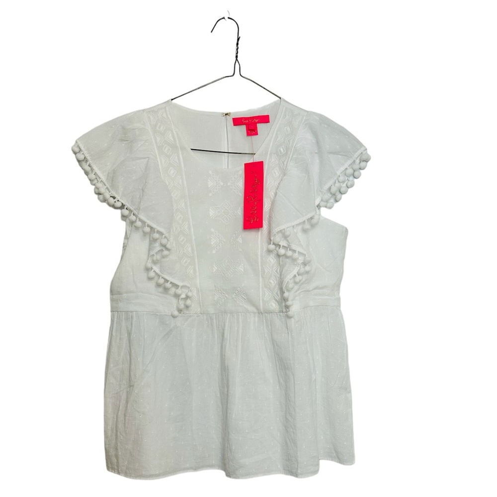 NEW Lilly Pulitzer Resort White Ruffle Pom Pom Top